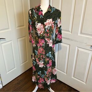 Bershka Green Floral Dress with Pink and White Accents